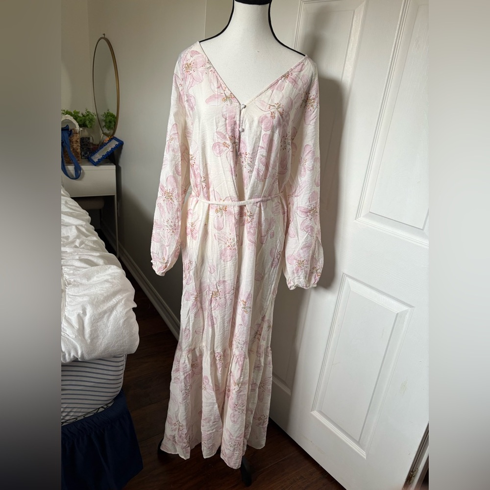 H&M Pink Floral Cottagecore Long Midi Dress Tie Waist Size M